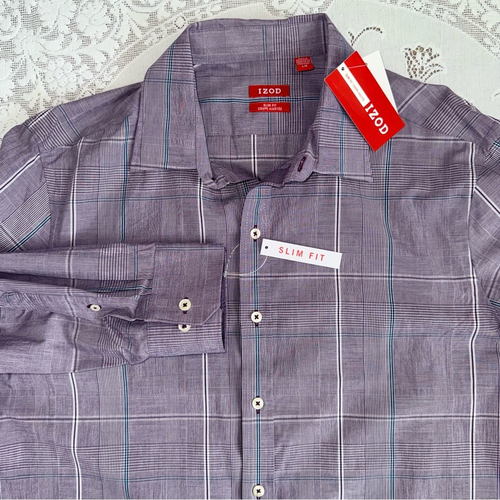 Izod Men's Slim Fit Lavender Checkered Button Down Shirt NWT size‎ Large